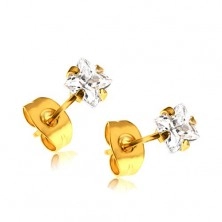 Gold-plated stud earrings made of steel - square zircon, 3mm