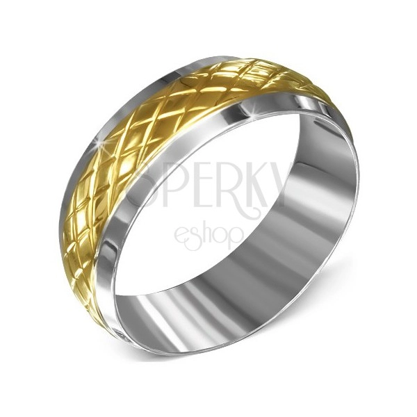 Ring made of surgical steel, silver with gold rhombic pattern