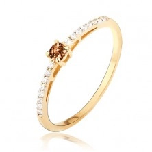 Gold ring - shiny and smooth, tiny clear zircons, smoky quartz gemstone