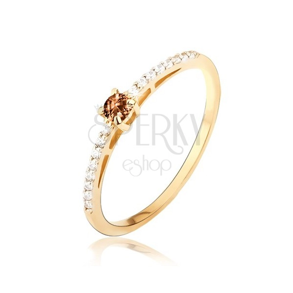 Gold ring - shiny and smooth, tiny clear zircons, smoky quartz gemstone