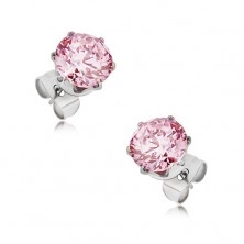Steel stud earrings - round pink zircon, different sizes