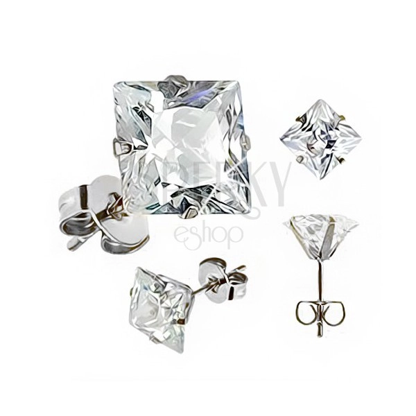 Steel stud earrings - square clear zircon, different sizes