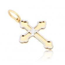 Gold pendant - shiny cross, three-pointed rounded arm ends, decorative contour