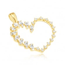Gold pendant - big heart, teardrop-shaped and round zircons in one line
