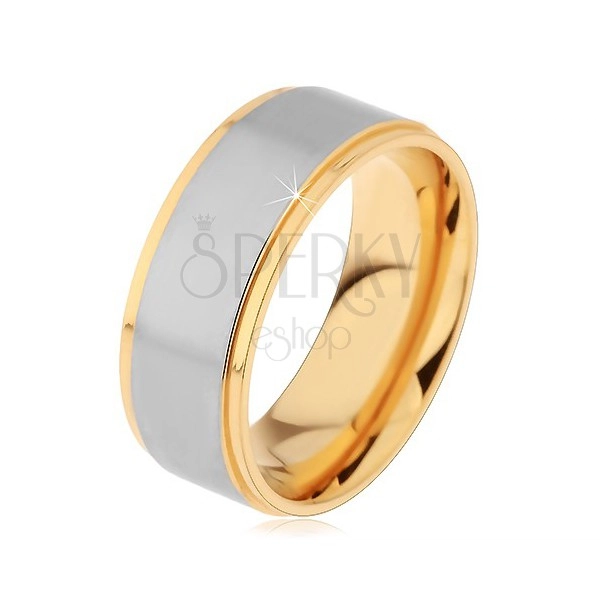 Glossy silver and gold steel ring with two grooves