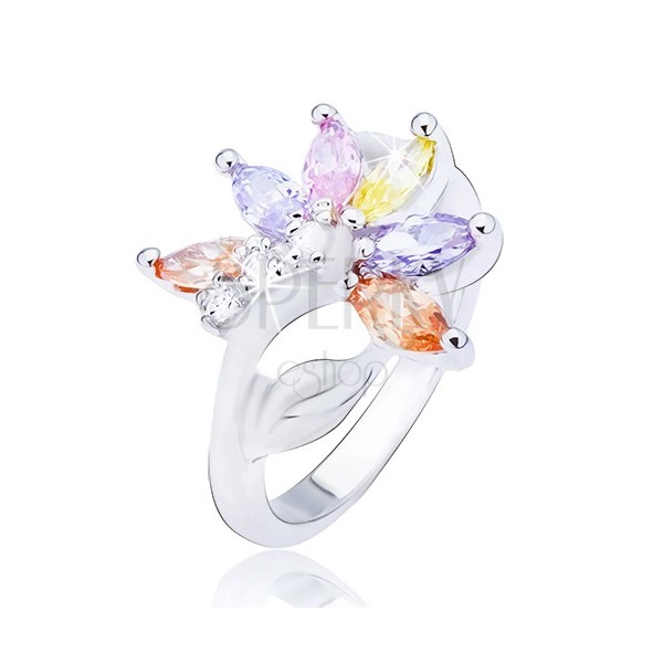 Glossy silver ring, flower with colourful zircon petals