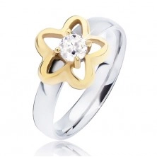 Steel ring, gold flower contour with clear round zircon