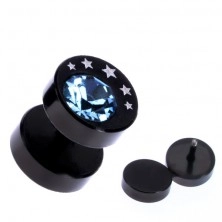 Round steel fake ear plug in black, stars and blue zircon
