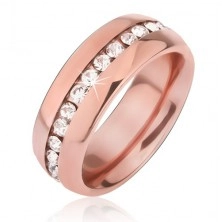 Steel band ring in copper colour, notch with clear zircons