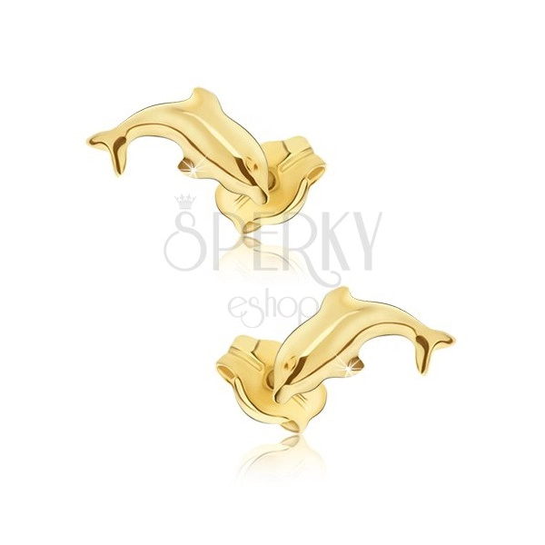 Earrings made of yellow 14K gold - glossy jumping dolphins