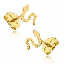 Earrings made of yellow 14K gold - shiny crawling snake, grooved surface