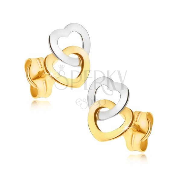 Gold earrings - two-tone sparkling symmetrical hollow hearts