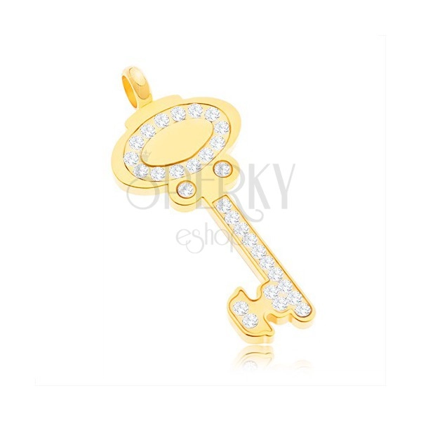 Surgical steel pendant - key in gold colour adorned with clear zircons