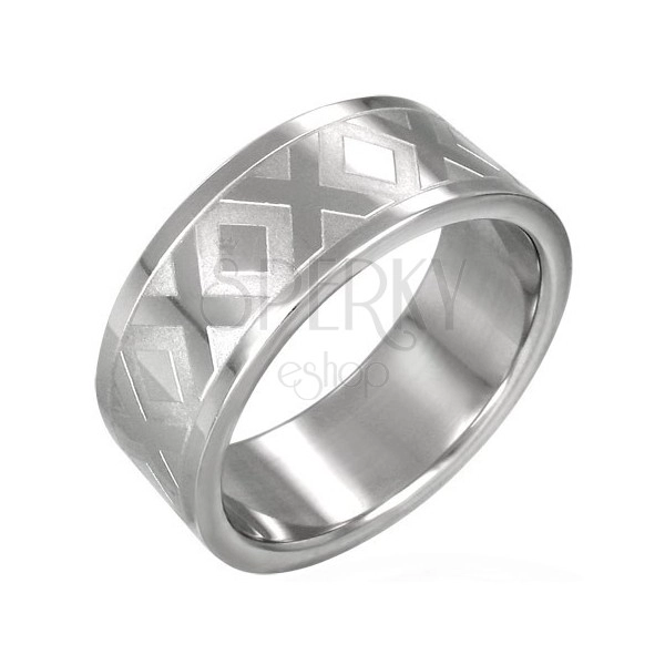 Stainless steel wedding ring with X pattern, 8 mm