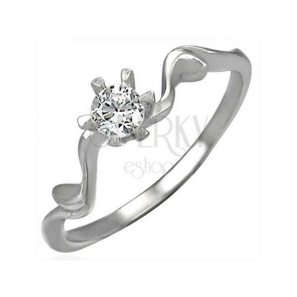 316L steel ring in silver colour - clear zirconium, wavy shoulders