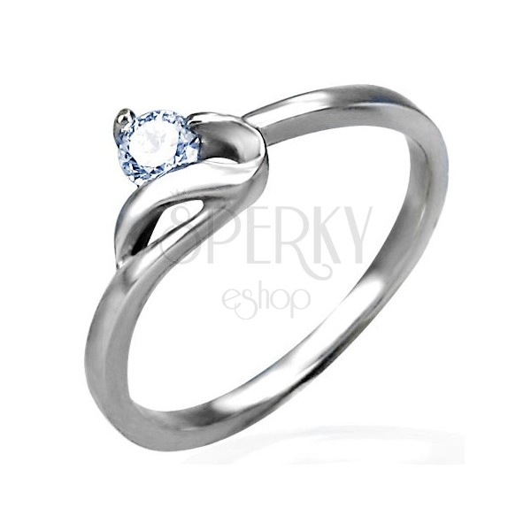 Engagement ring in silver colour, 316L steel, round clear zircon and wavy shoulder