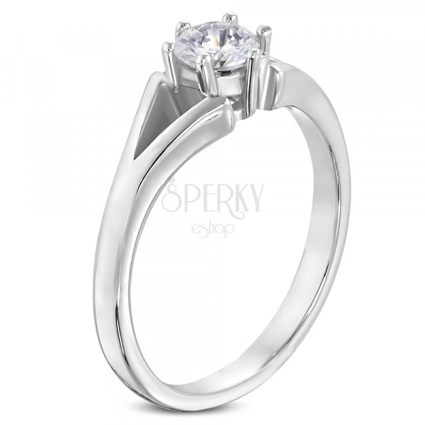 Steel ring in silver colour - engagement, split shoulders, clear zircon
