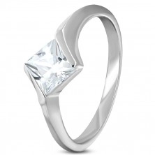 Engagement steel ring with rhombus zircon in clear colour