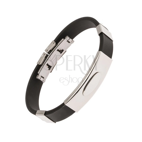 Black rubber bracelet, shiny steel tag with ellipse