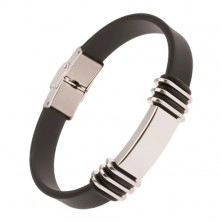 Bracelet made of black rubber, smooth steel plate, 12 mm