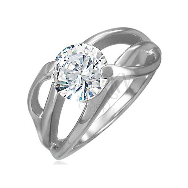Engagement ring with diagonal setting and round clear zircon, 316L steel
