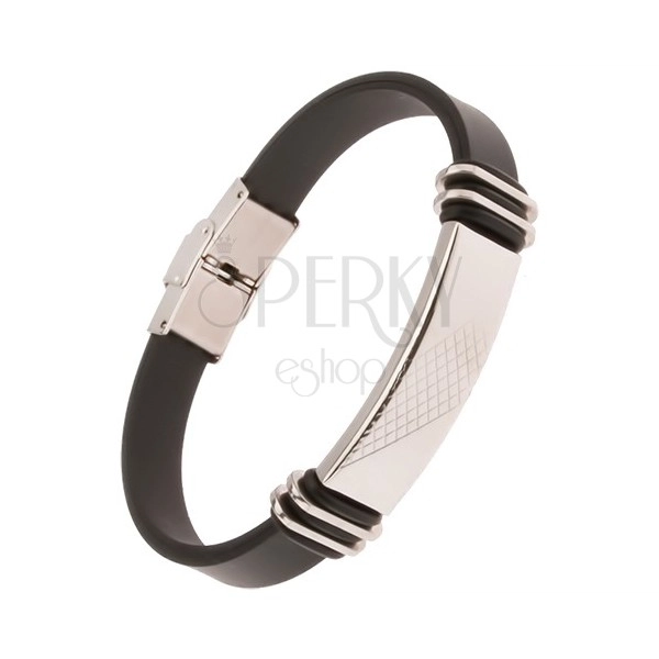 Bracelet made of black rubber, steel plate with rhombic pattern