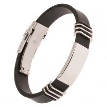 Black rubber bracelet with shiny steel plate, 13 mm