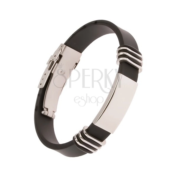 Black rubber bracelet with shiny steel plate, 13 mm