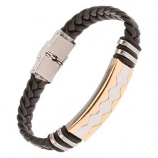 Rubber bracelet - plait, oblong silver and gold tag