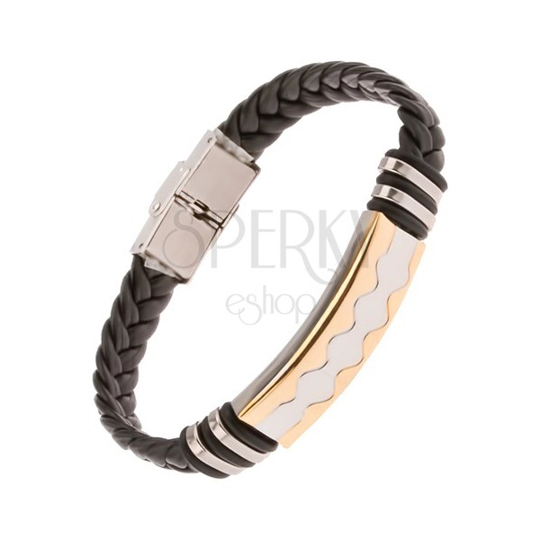 Rubber bracelet - plait, oblong silver and gold tag