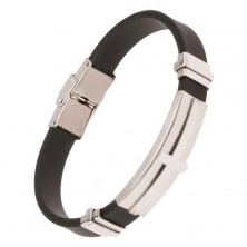 Hand bracelet, black rubber stripe, steel tag with cross