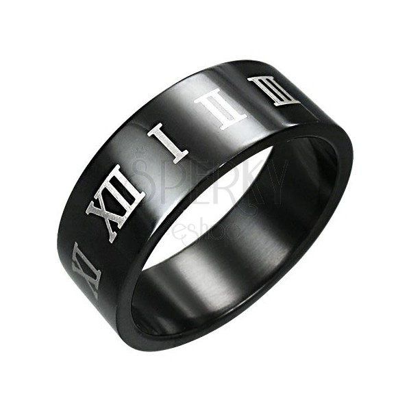 Black stainless steel ring with brown Roman numerals