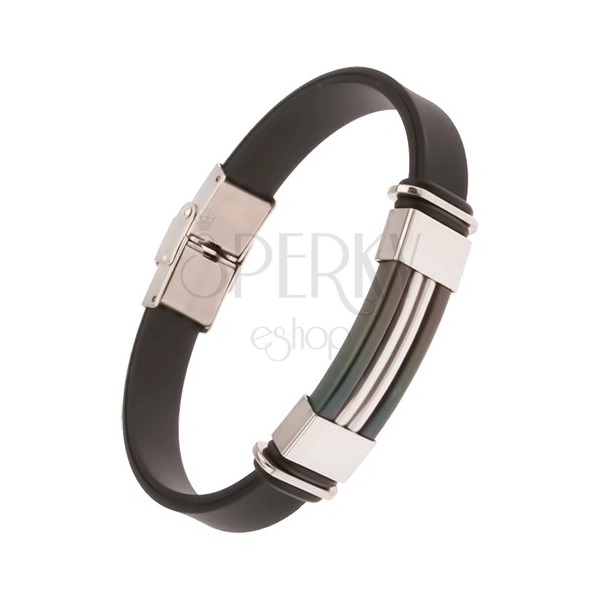 Rubber bracelet in black colour, black steel tag with silver stripes