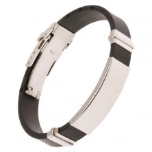 Rubber bracelet in black colour, shiny steel plate
