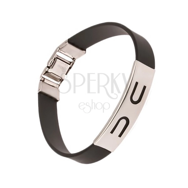 Hand bracelet, black rubber strap, tag with cut-outs, U