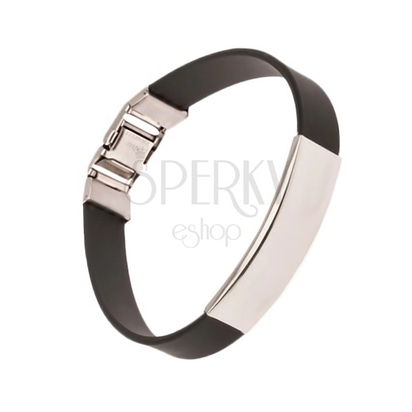 Black rubber bracelet, shiny smooth plate, 11 mm