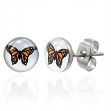 Earrings made of surgical steel with orange butterfly