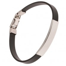 Narrow black rubber bracelet with shiny steel plate