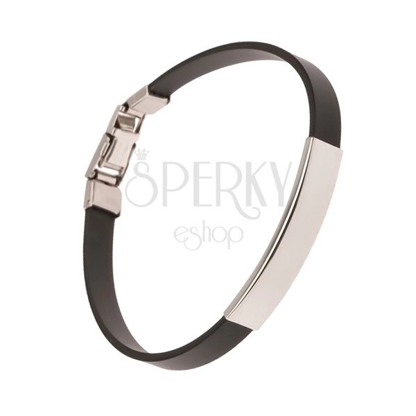 Narrow black rubber bracelet with shiny steel plate