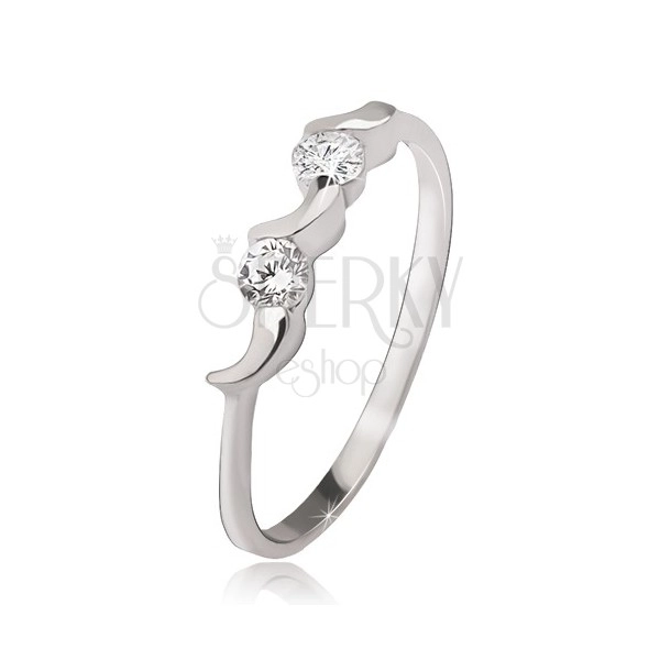 Silver ring - irregular moons, two round clear zircons