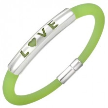 Rubber bracelet in a green shade - metal plate with a writing LOVE