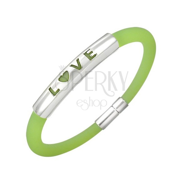 Rubber bracelet in a green shade - metal plate with a writing LOVE