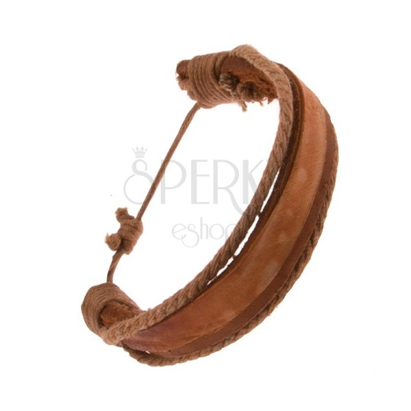 Bracelet made of leather - thick and slim caramel brown strap, brown strings