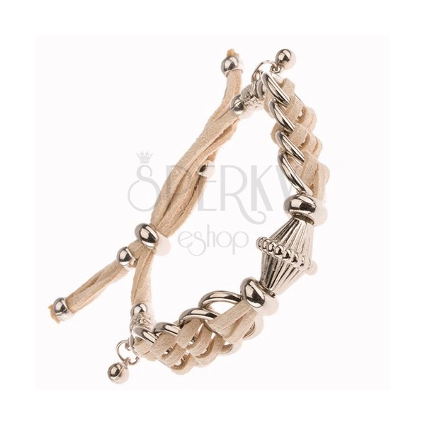 Suede bracelet in beige colour, decorative roller, circles, beads