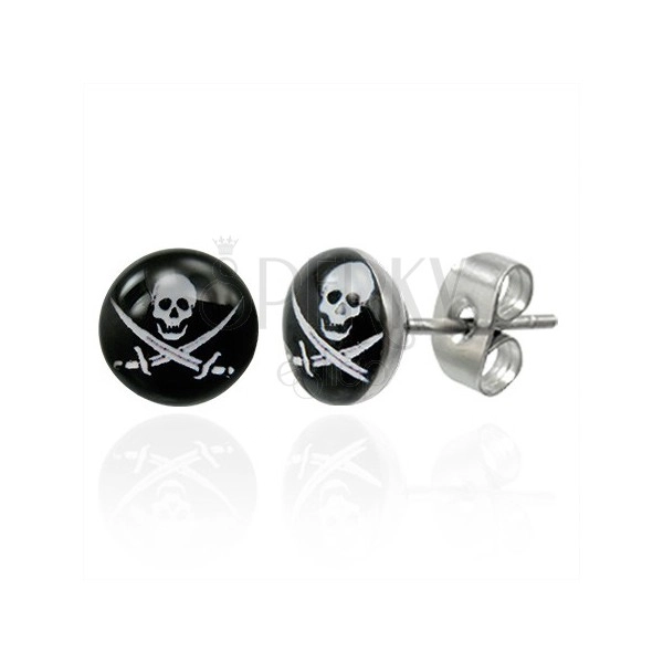 Steel earrings - white skull with two swords on black base