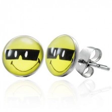 Steel earrings, cool smiley with black sunglasses, studs