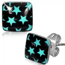 Earrings made of steel, black squares with blue stars