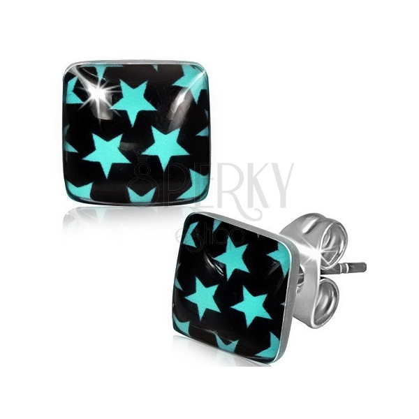 Earrings made of steel, black squares with blue stars
