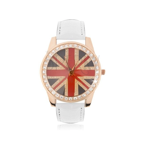 Wristwatch made of steel - gold-pink, British flag, white strap