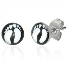 Stud steel earrings - motif of white footprints, black background